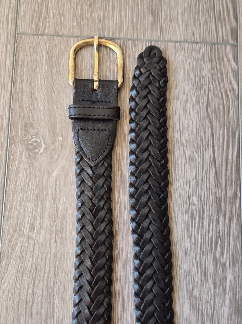 Vintage Braided Woven Black Leather Belt Brass Buckle Argentina Herringbone L